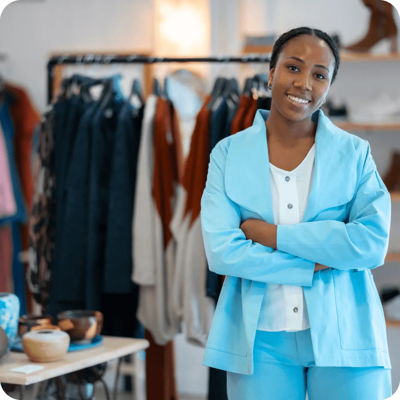 A woman standing in a clothing store